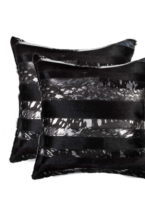 Set of Two 18" Gold and Black Cowhide Throw Pillows