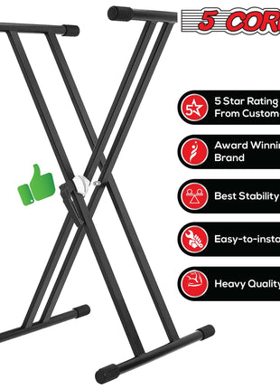 5Core Keyboard Stand Double X Style Adjustable Piano Riser For 49 To 88 Keys + Gear