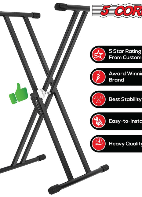 5Core Keyboard Stand Double X Style Adjustable Piano Riser For 49 To 88 Keys + Gear