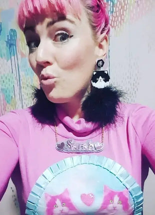 Persian Kitty Cat And Pom Pom Earrings In White Or Black & White, Laser Cut Acrylic, Plastic Jewelry