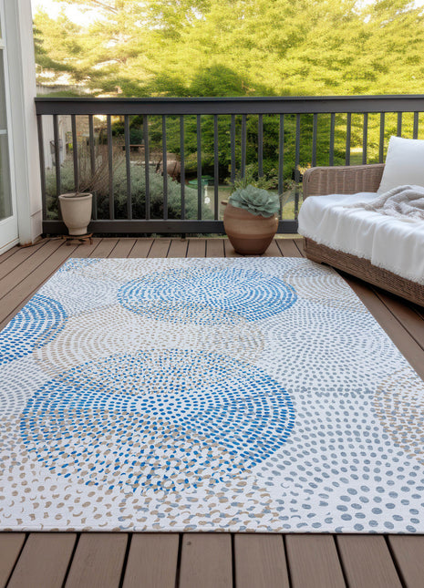 10' X 14' Ivory Blue And Taupe Polka Dot Washable Indoor Outdoor Area Rug
