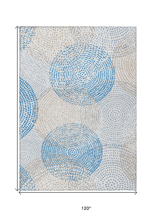10' X 14' Ivory Blue And Taupe Polka Dot Washable Indoor Outdoor Area Rug