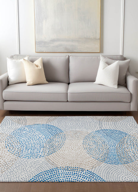 10' X 14' Ivory Blue And Taupe Polka Dot Washable Indoor Outdoor Area Rug