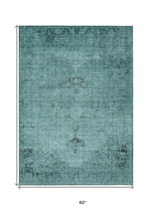 5' X 8' Teal Blue Turquoise And Charcoal Oriental Washable Indoor Outdoor Area Rug