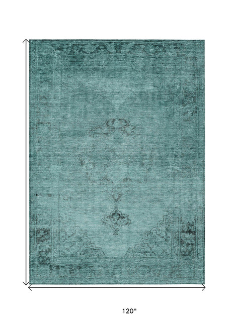 10' X 14' Teal Blue Turquoise And Charcoal Oriental Washable Indoor Outdoor Area Rug