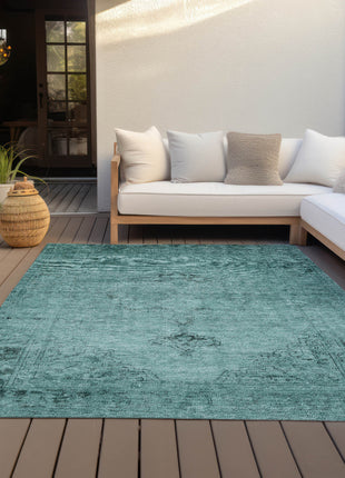 10' X 14' Teal Blue Turquoise And Charcoal Oriental Washable Indoor Outdoor Area Rug