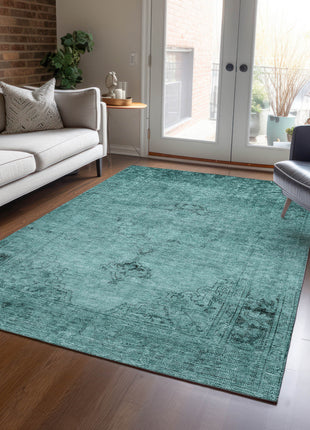 10' X 14' Teal Blue Turquoise And Charcoal Oriental Washable Indoor Outdoor Area Rug