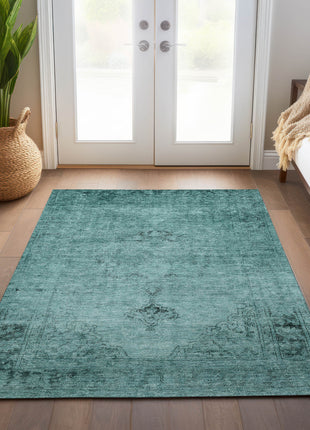10' X 14' Teal Blue Turquoise And Charcoal Oriental Washable Indoor Outdoor Area Rug