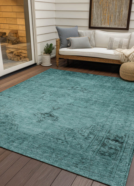 10' X 14' Teal Blue Turquoise And Charcoal Oriental Washable Indoor Outdoor Area Rug