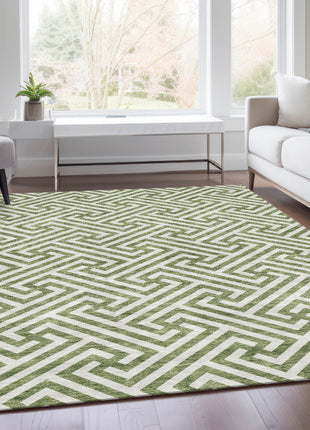 10' X 14' Green And Beige Geometric Washable Indoor Outdoor Area Rug
