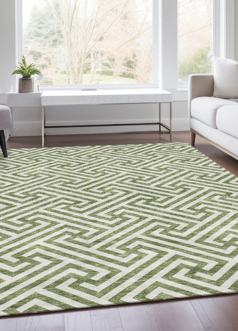 10' X 14' Green And Beige Geometric Washable Indoor Outdoor Area Rug