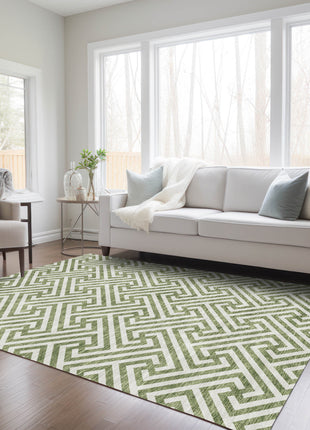 10' X 14' Green And Beige Geometric Washable Indoor Outdoor Area Rug