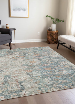3' X 5' Green Blue And Gray Oriental Washable Indoor Outdoor Area Rug