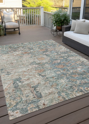 3' X 5' Green Blue And Gray Oriental Washable Indoor Outdoor Area Rug