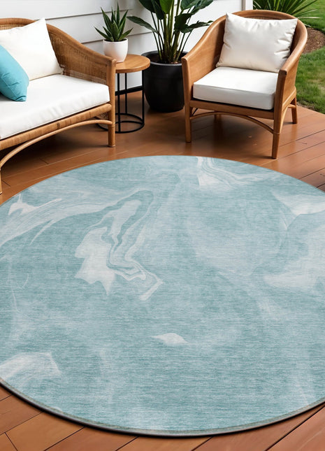 8' Teal Blue And Aqua Round Abstract Washable Indoor Outdoor Area Rug