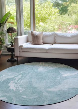 8' Teal Blue And Aqua Round Abstract Washable Indoor Outdoor Area Rug