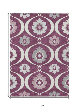 3' X 5' Eggplant Ivory And Gray Medallion Washable Indoor Outdoor Area Rug