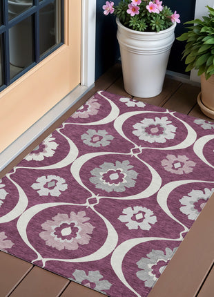 3' X 5' Eggplant Ivory And Gray Medallion Washable Indoor Outdoor Area Rug