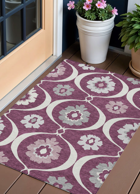3' X 5' Eggplant Ivory And Gray Medallion Washable Indoor Outdoor Area Rug
