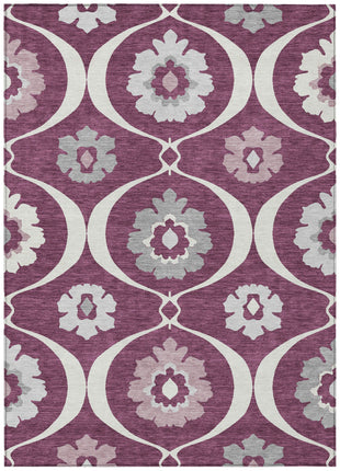 3' X 5' Eggplant Ivory And Gray Medallion Washable Indoor Outdoor Area Rug