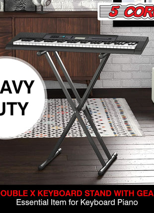 5Core Keyboard Stand Double X Style Adjustable Piano Riser For 49 To 88 Keys + Gear
