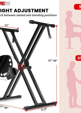 5Core Keyboard Stand Double X Style Adjustable Lift Piano Riser For 49 To 88 Keys BLACK