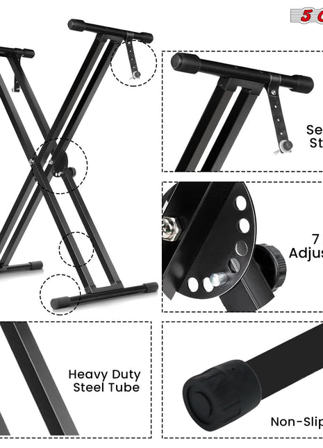 5Core Keyboard Stand Double X Style Adjustable Lift Piano Riser For 49 To 88 Keys BLACK