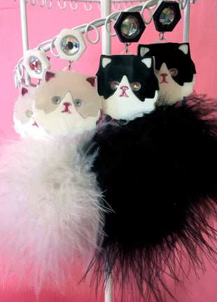 Persian Kitty Cat And Pom Pom Earrings In White Or Black & White, Laser Cut Acrylic, Plastic Jewelry