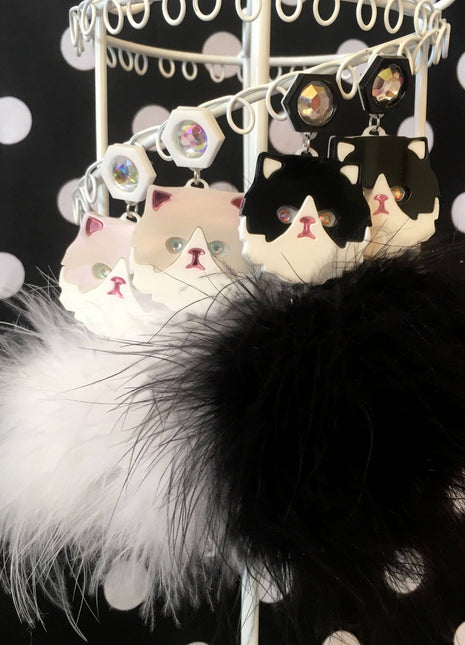 Persian Kitty Cat And Pom Pom Earrings In White Or Black & White, Laser Cut Acrylic, Plastic Jewelry
