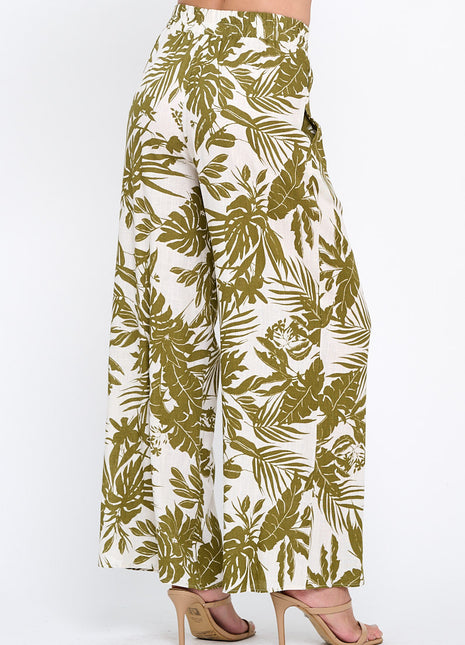 Linen Tropical Print Pants with Pockets and Elastic Waistband