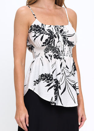 Leaf Print Spaghetti Strap Top with Smock Detail