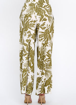 Linen Tropical Print Pants with Pockets and Elastic Waistband