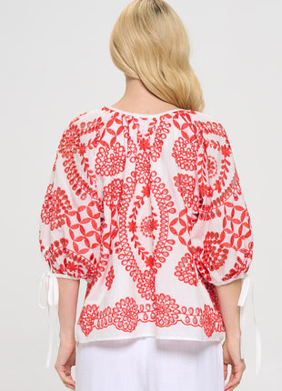 Embroidered Cotton V neck Half Puff Sleeve Top with Tie