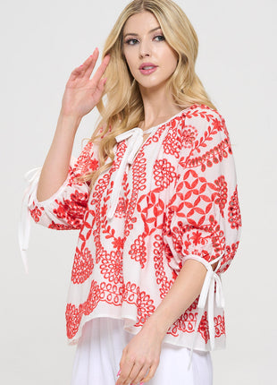 Embroidered Cotton V neck Half Puff Sleeve Top with Tie