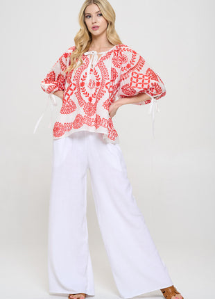 Embroidered Cotton V neck Half Puff Sleeve Top with Tie