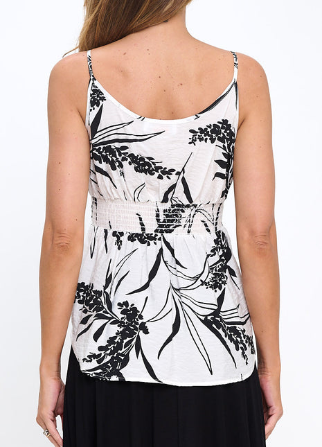 Leaf Print Spaghetti Strap Top with Smock Detail
