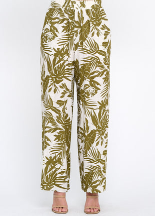Linen Tropical Print Pants with Pockets and Elastic Waistband