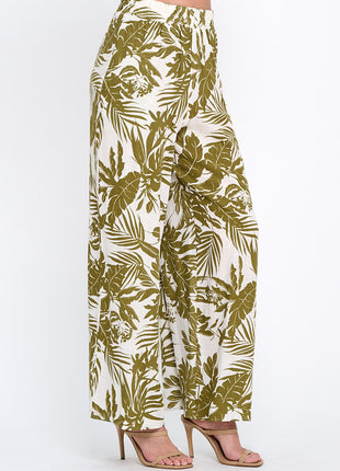 Linen Tropical Print Pants with Pockets and Elastic Waistband