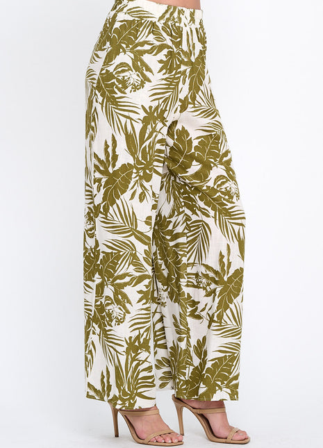Linen Tropical Print Pants with Pockets and Elastic Waistband