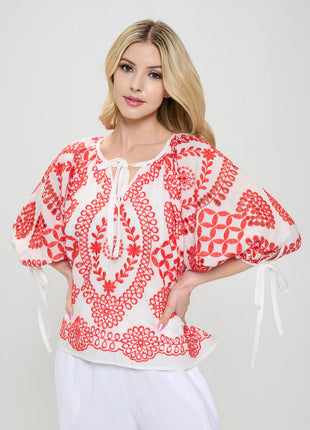 Embroidered Cotton V neck Half Puff Sleeve Top with Tie
