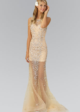 Jewel and Sequin Embellished Long Dress with Sheer Tulle Skirt