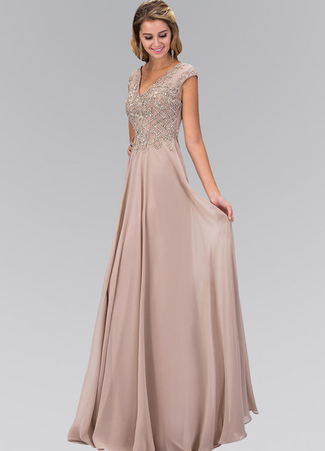 V-Neck Chiffon Floor Length Dress with Jewel Embellished Bodice