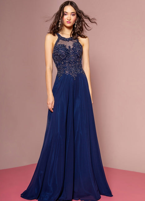 Jewel Embellished and Embroidered Bodice Chiffon Long Dress