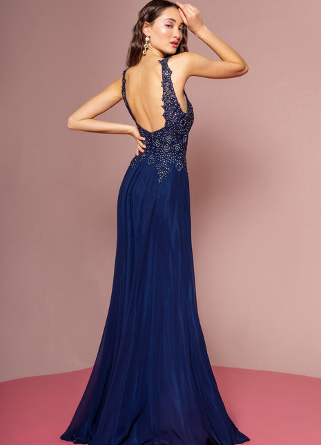 Jewel Embellished and Embroidered Bodice Chiffon Long Dress